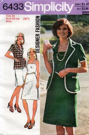 Simplicity 6433 Womens Designer Sundress & Jacket 1970s Vintage Sewing Pattern Size 14 Bust 36 inches UNCUT Factory Folded