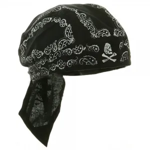 Skull and Crossbones Skeleton Paisley Doo Rag Cap Biker Hat Bandana Head Wrap Black and White for Men or Women