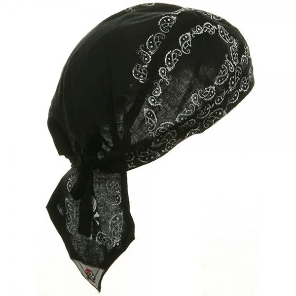 Skull and Crossbones Skeleton Paisley Doo Rag Cap Biker Hat Bandana Head Wrap Black and White for Men or Women