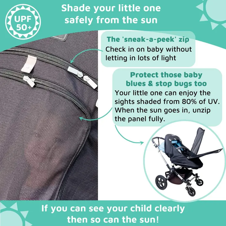 SnoozeShade Plus Extra (6m ) | Buggy & pushchair sun shade | Universal fit, blocks up to 99% of UV & helps little ones nap