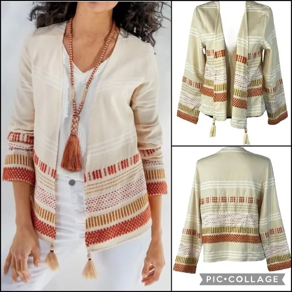 Soft Surroundings Woven Knit Pattern Embroidered Topper Duster Jacket