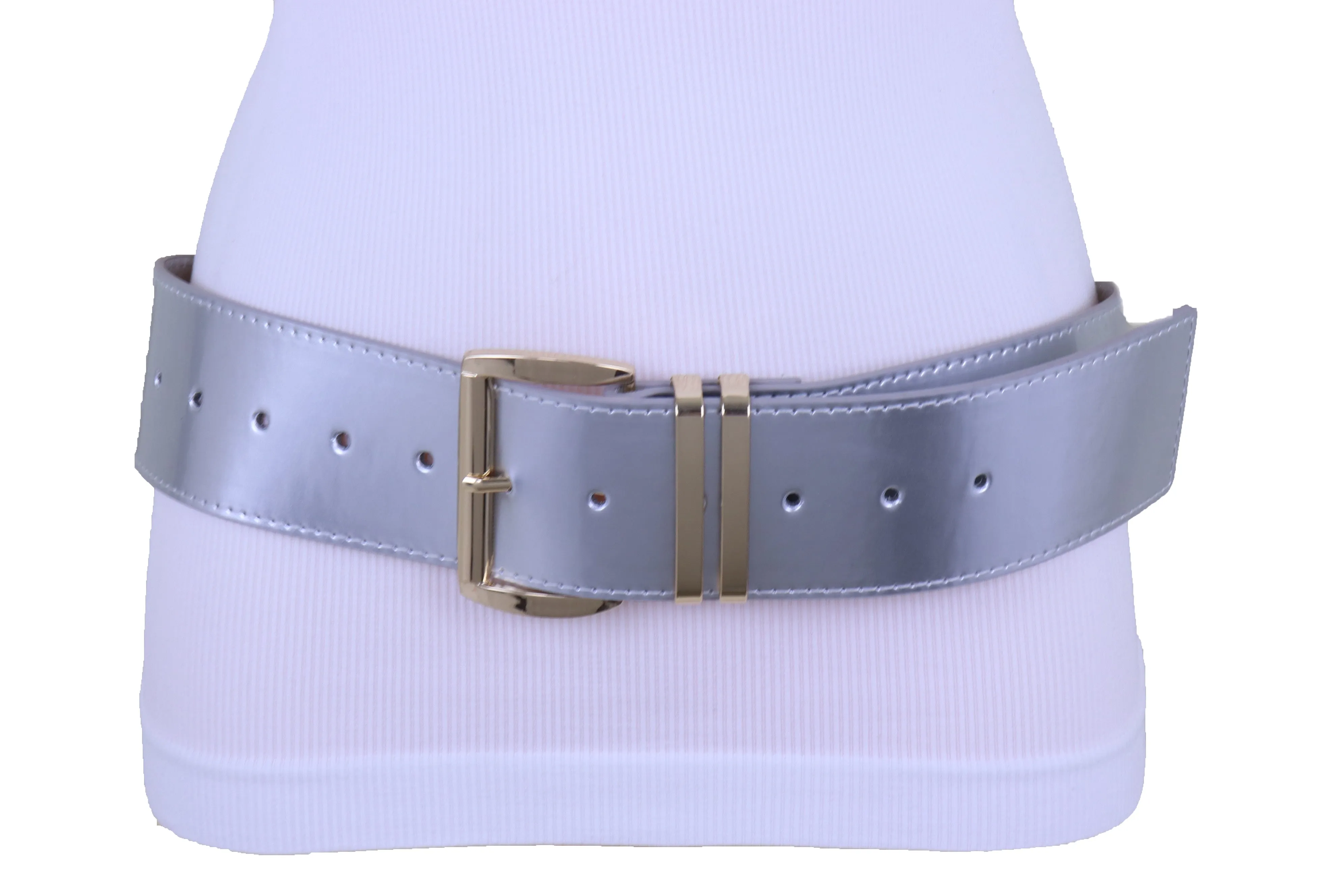 Solid Colored Faux Leather Two-Bar Loop Square Buckle Classic Belt