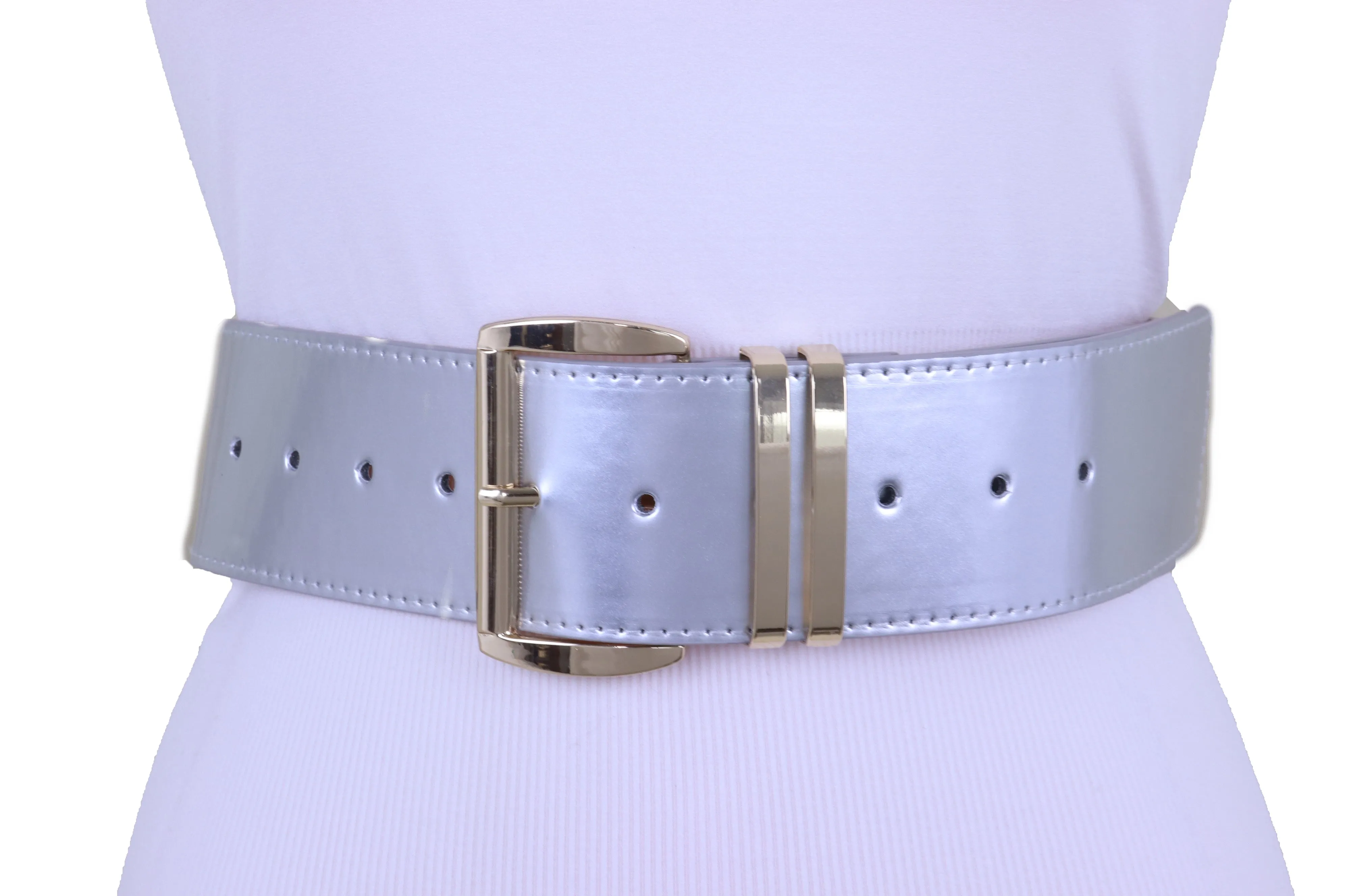 Solid Colored Faux Leather Two-Bar Loop Square Buckle Classic Belt
