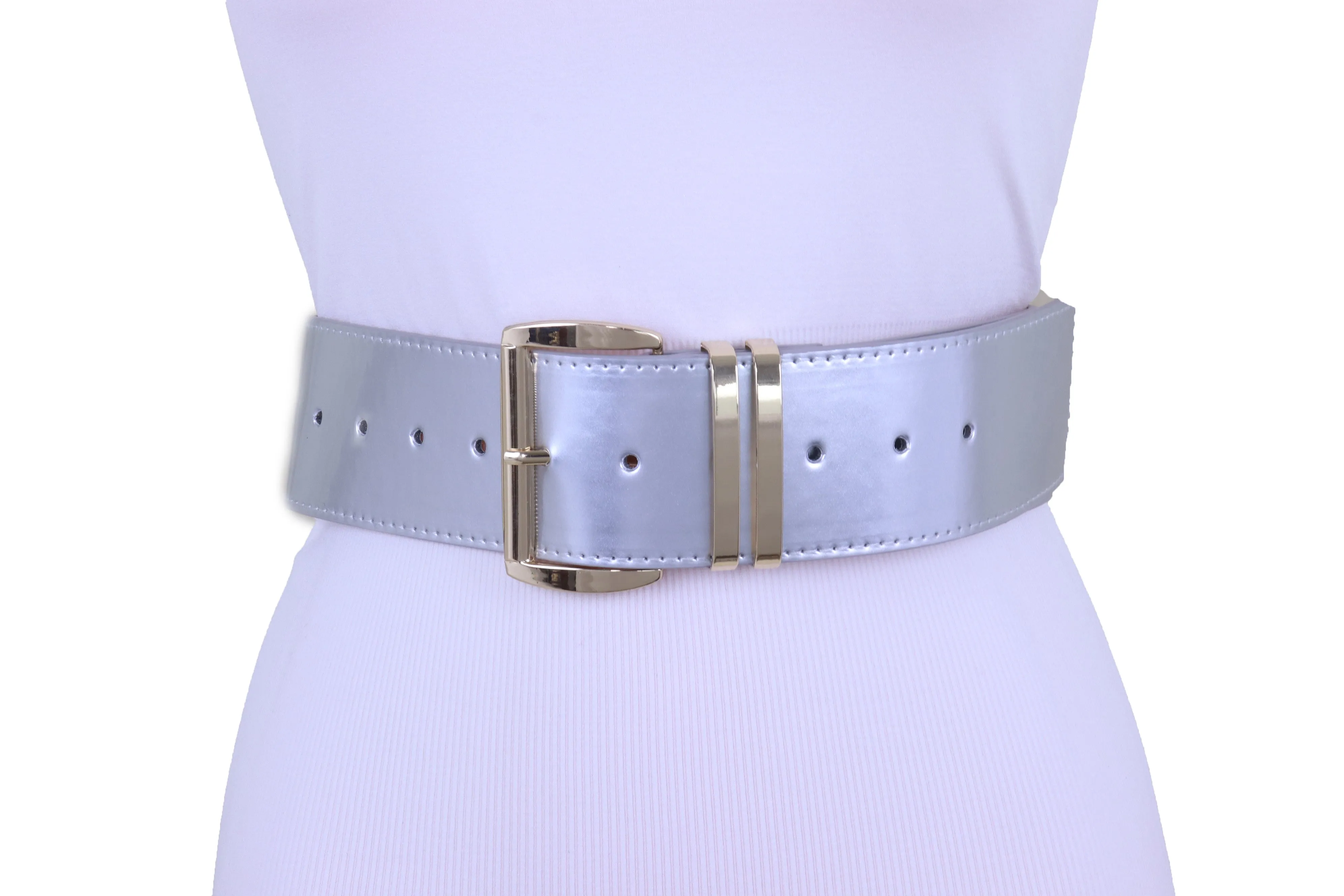 Solid Colored Faux Leather Two-Bar Loop Square Buckle Classic Belt