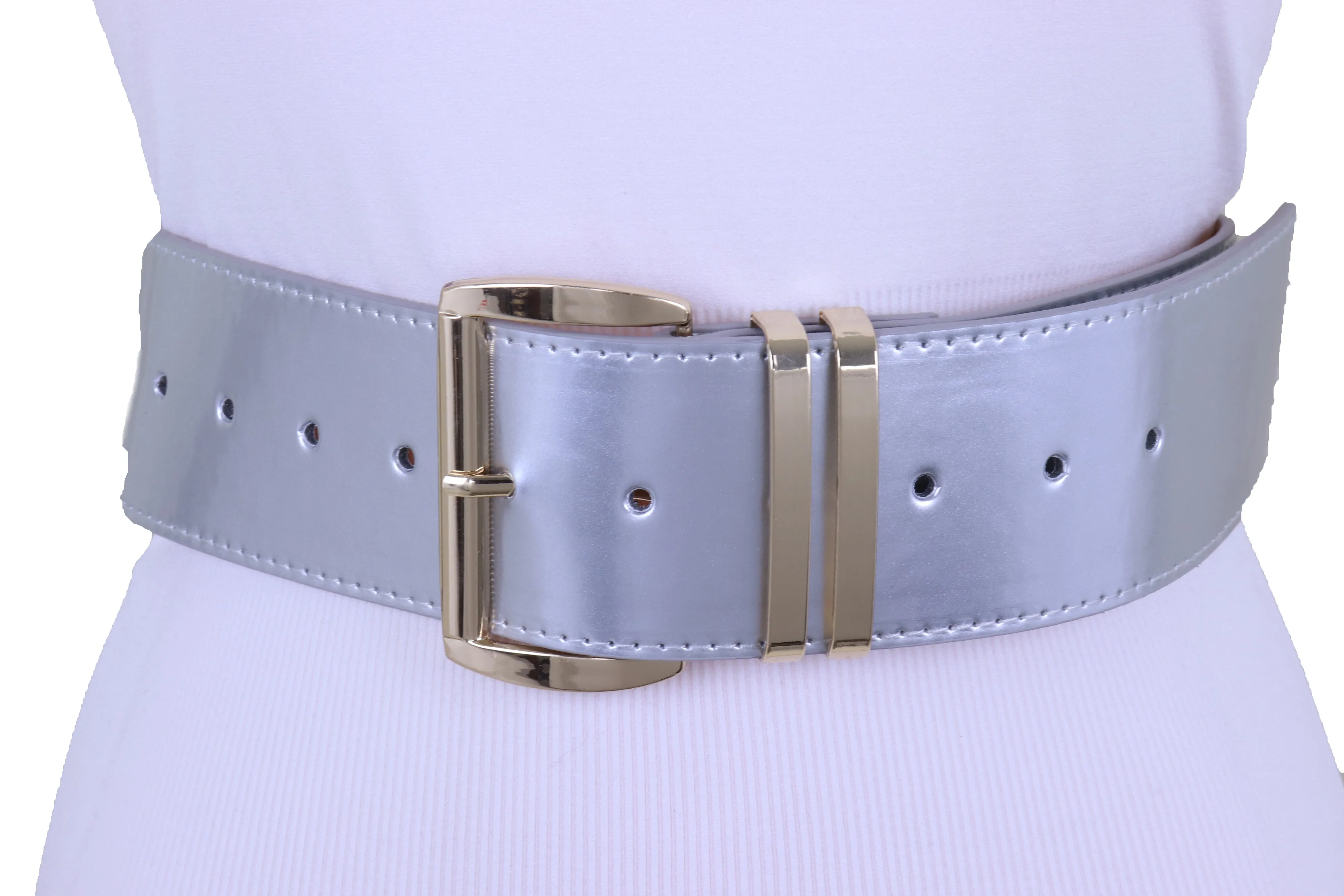Solid Colored Faux Leather Two-Bar Loop Square Buckle Classic Belt