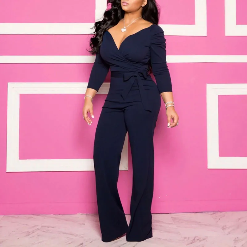 Solid Deep V-Neck Long Sleeve Belted Jumpsuit