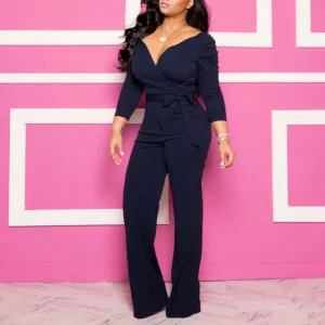 Solid Deep V-Neck Long Sleeve Belted Jumpsuit