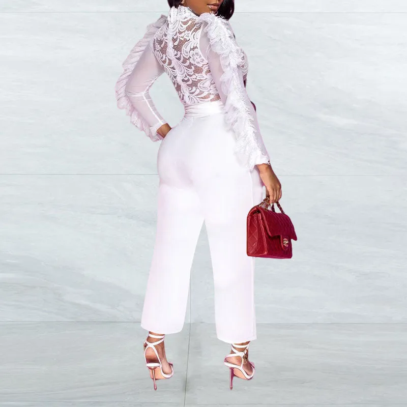 Solid Long Sleeve Lace Belted Jumpsuit