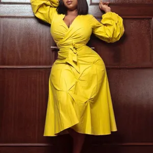 Solid V-Neck Lantern Sleeve Belted Midi Dress