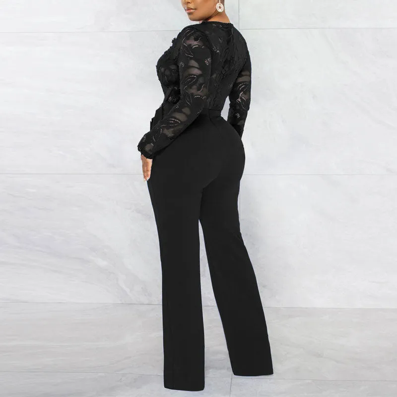 Solid V-Neck Long Sleeve Lace Belted Jumpsuit