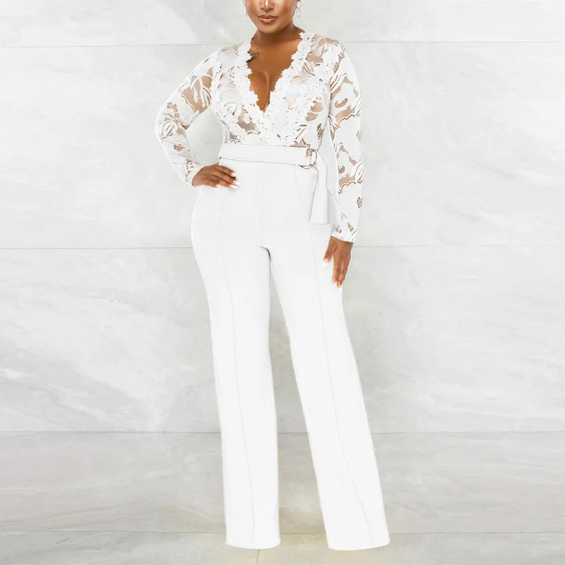 Solid V-Neck Long Sleeve Lace Belted Jumpsuit