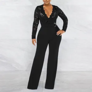 Solid V-Neck Long Sleeve Lace Belted Jumpsuit