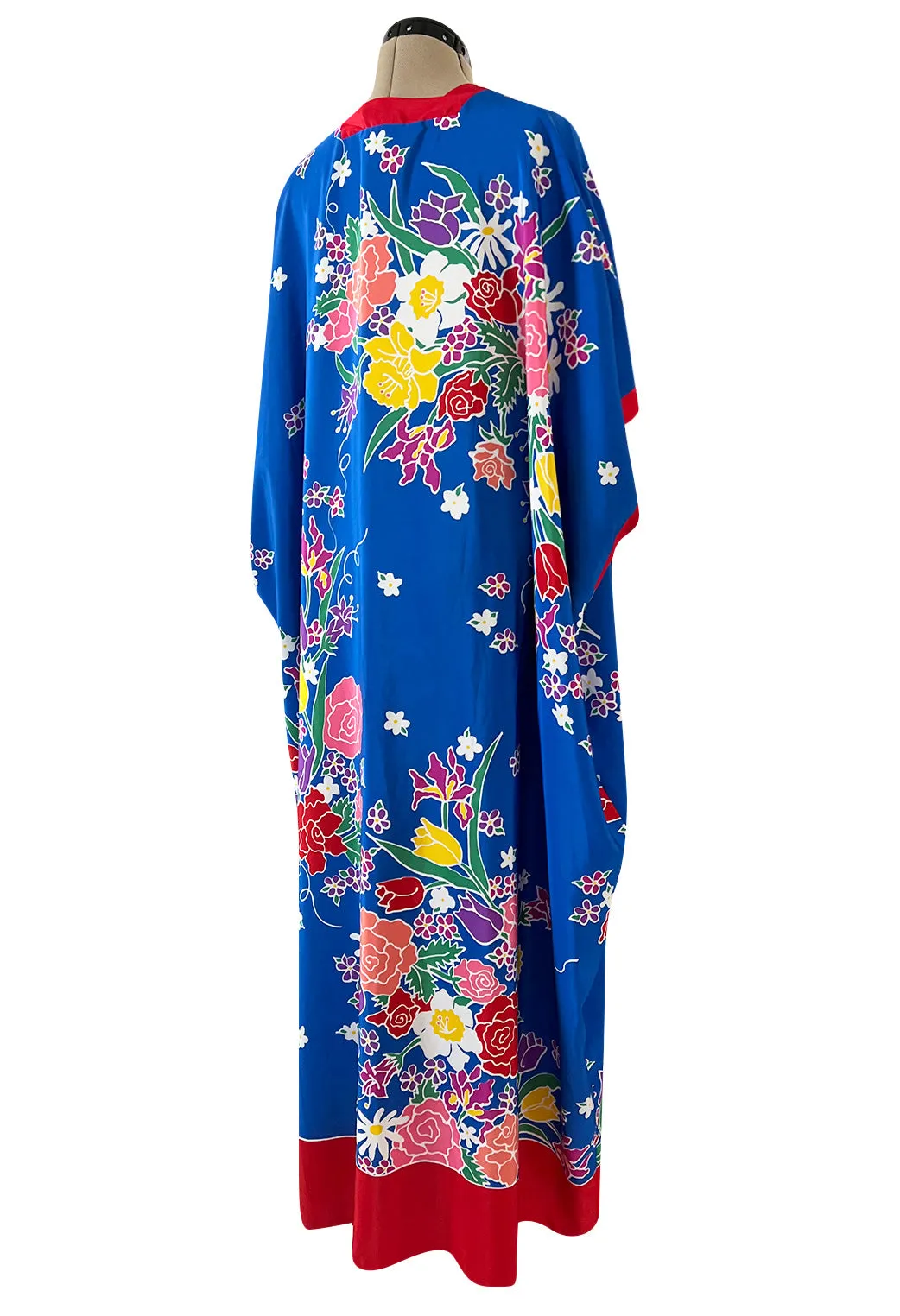 Spring 1982 Oscar de la Renta Blue Floral Silk Caftan Dress w Red Edging Detail