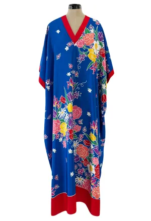 Spring 1982 Oscar de la Renta Blue Floral Silk Caftan Dress w Red Edging Detail
