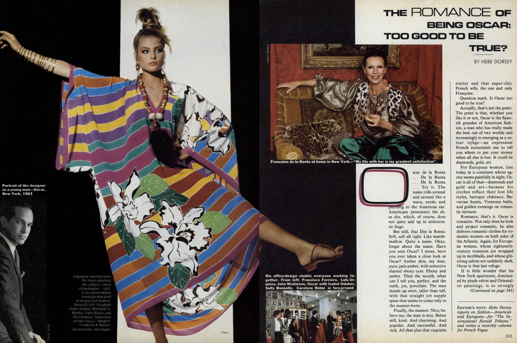 Spring 1982 Oscar de la Renta Blue Floral Silk Caftan Dress w Red Edging Detail