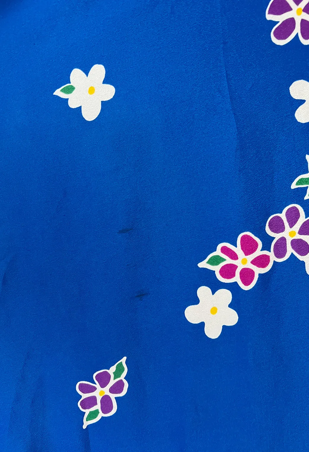 Spring 1982 Oscar de la Renta Blue Floral Silk Caftan Dress w Red Edging Detail