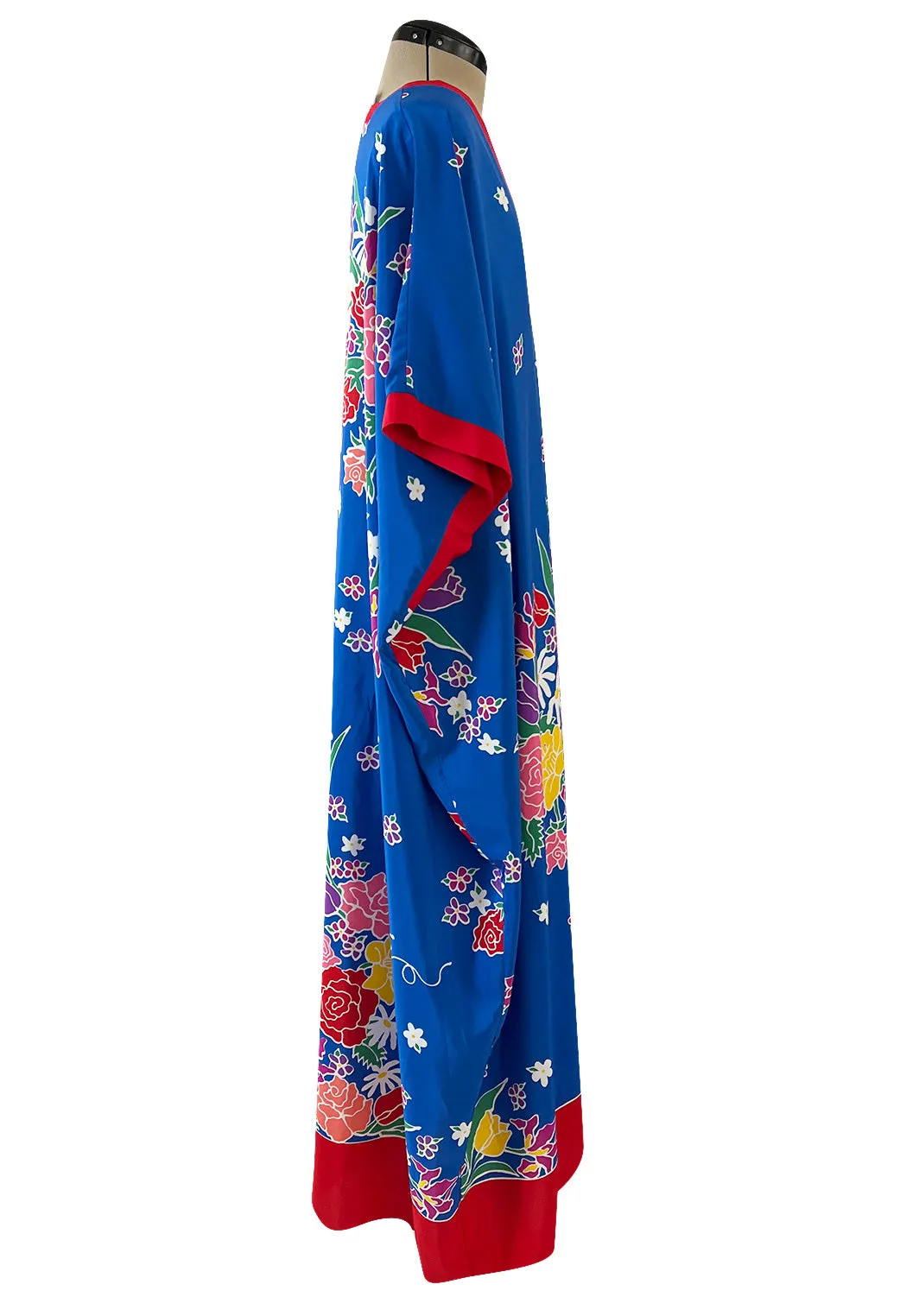 Spring 1982 Oscar de la Renta Blue Floral Silk Caftan Dress w Red Edging Detail