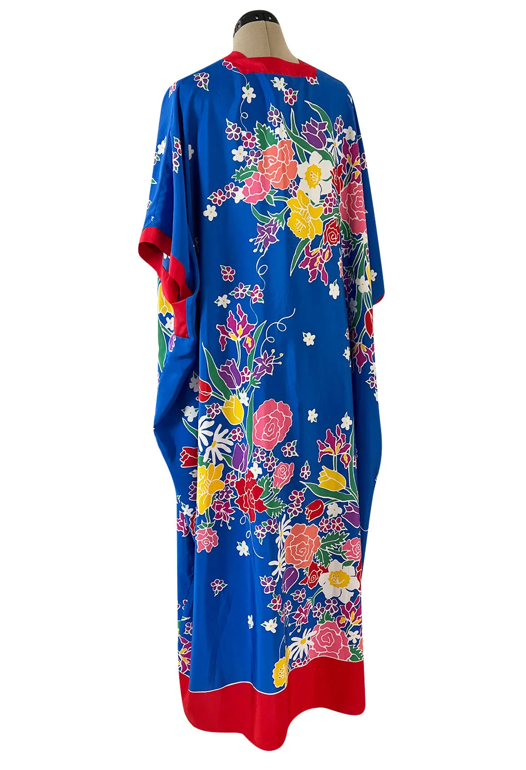Spring 1982 Oscar de la Renta Blue Floral Silk Caftan Dress w Red Edging Detail