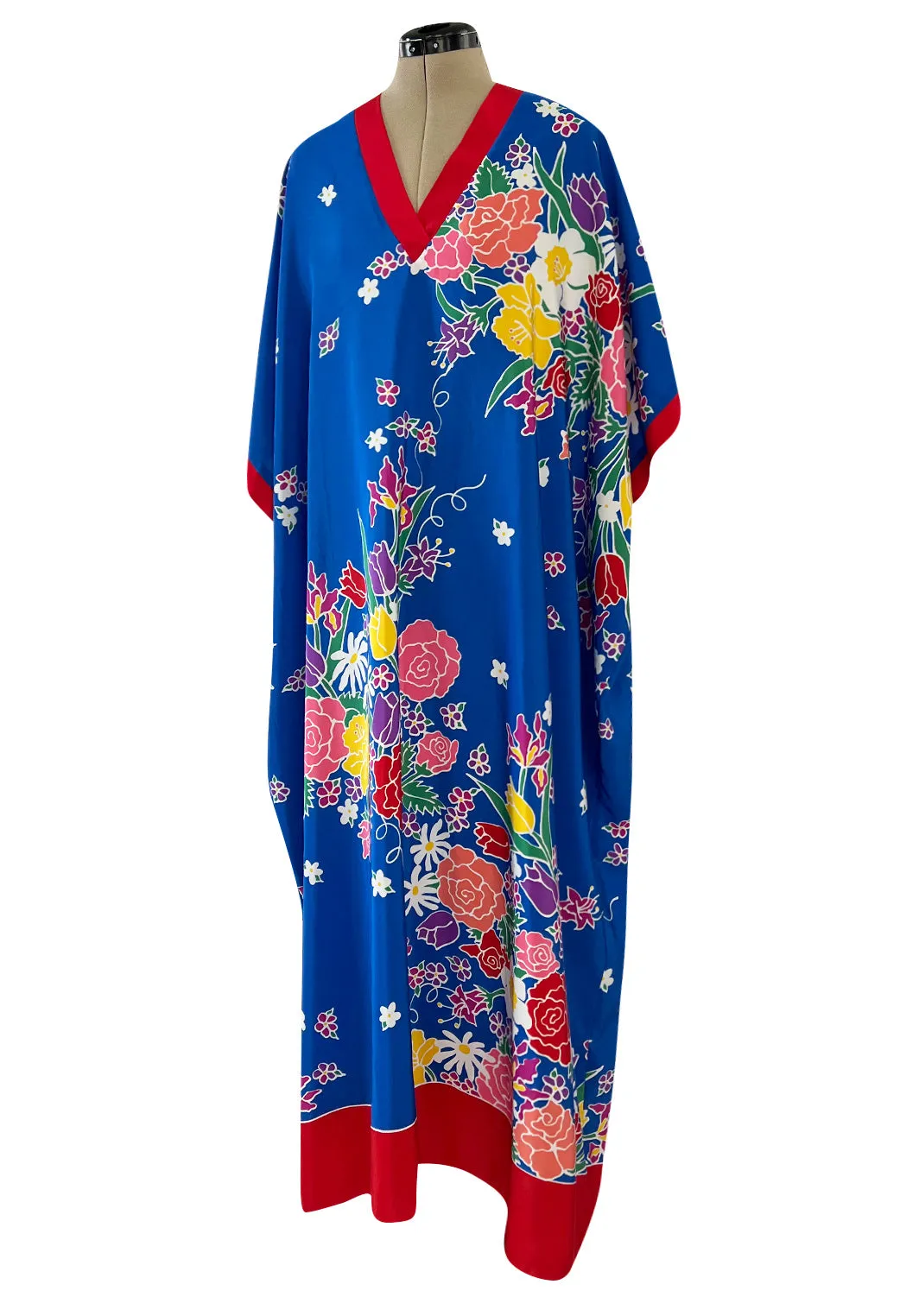 Spring 1982 Oscar de la Renta Blue Floral Silk Caftan Dress w Red Edging Detail