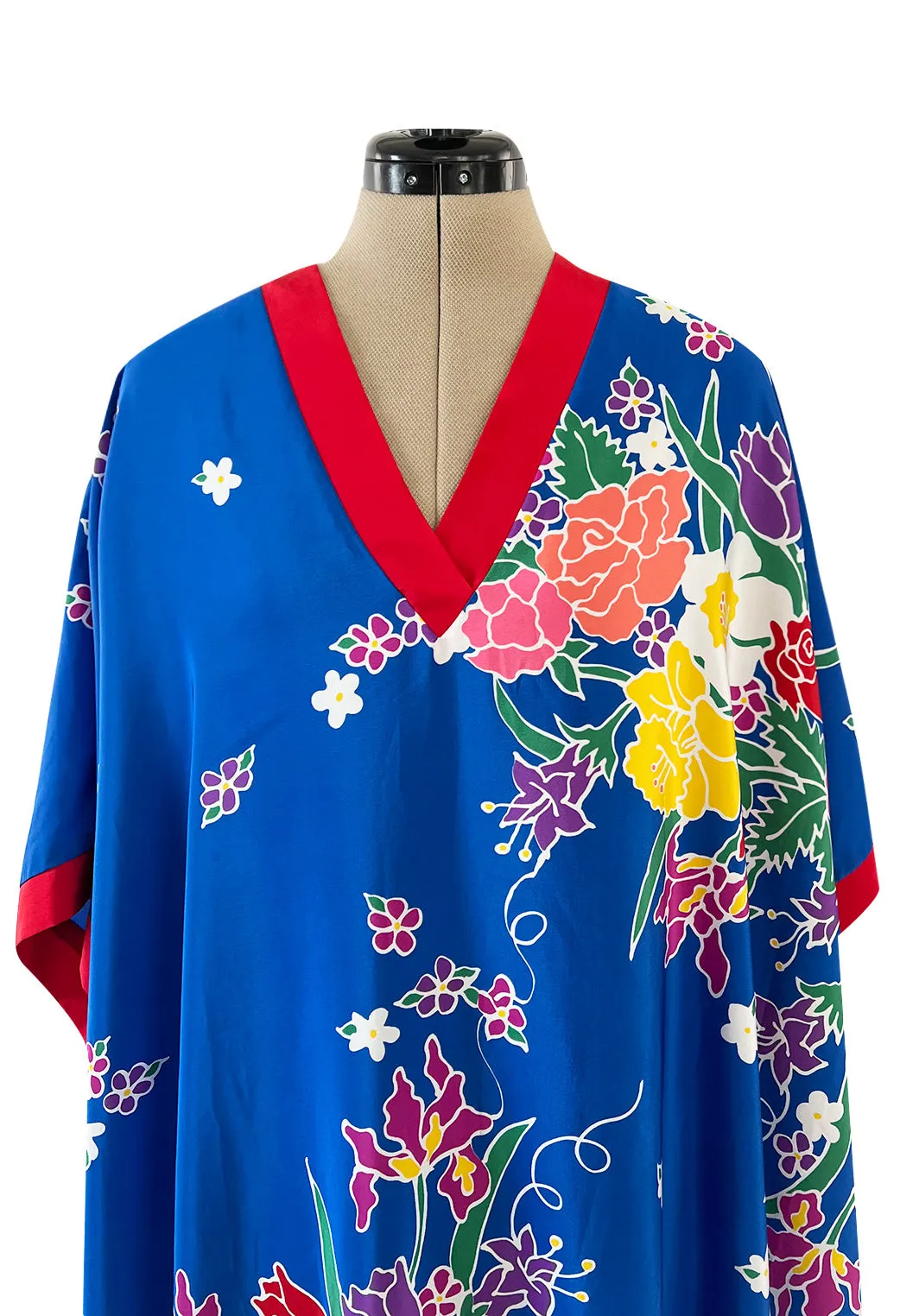 Spring 1982 Oscar de la Renta Blue Floral Silk Caftan Dress w Red Edging Detail