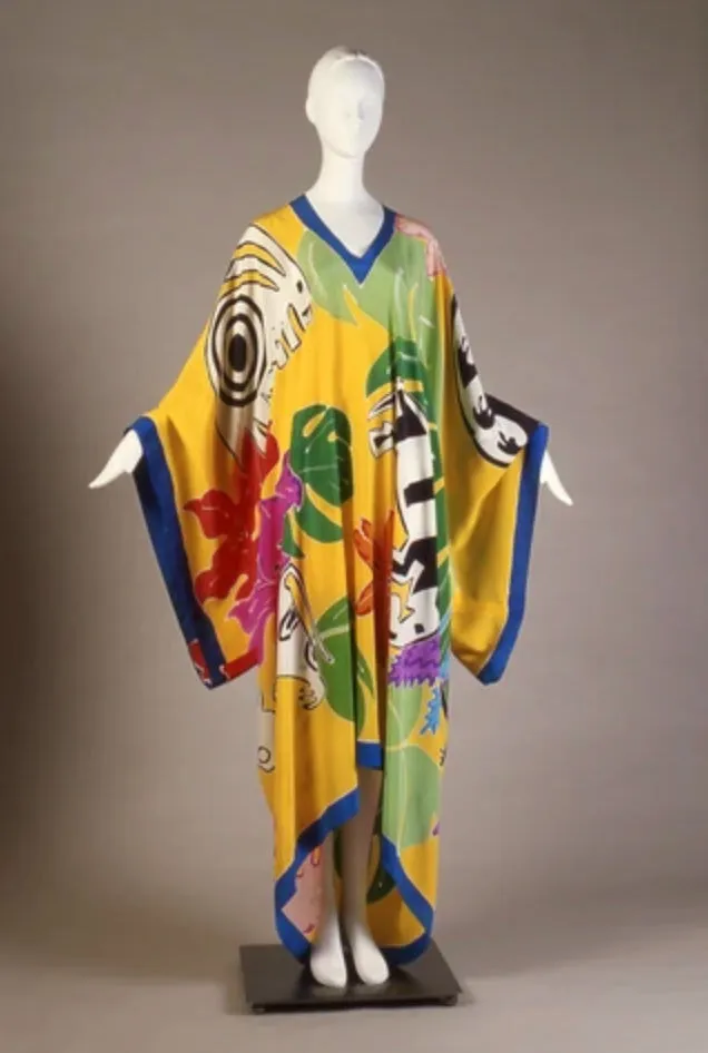 Spring 1982 Oscar de la Renta Blue Floral Silk Caftan Dress w Red Edging Detail