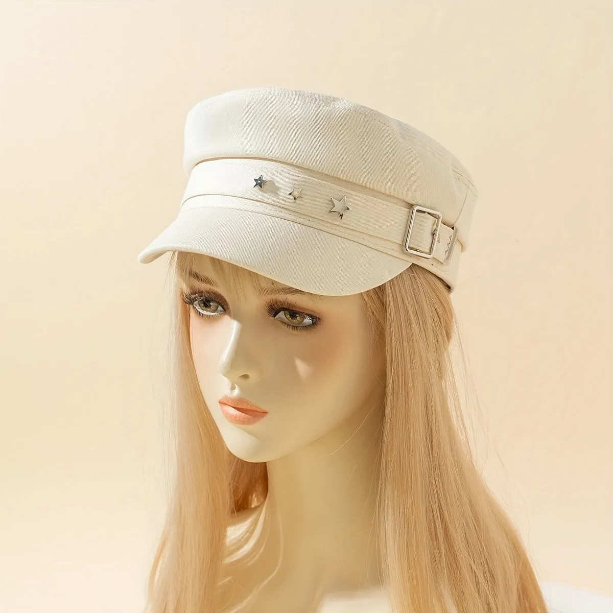 Star Button Newsboy Hat Y2K Retro Military Navy Cap
