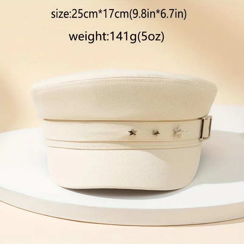 Star Button Newsboy Hat Y2K Retro Military Navy Cap