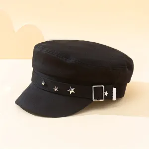 Star Button Newsboy Hat Y2K Retro Military Navy Cap