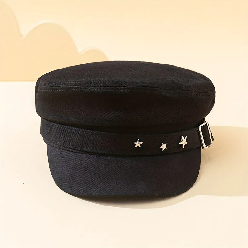 Star Button Newsboy Hat Y2K Retro Military Navy Cap