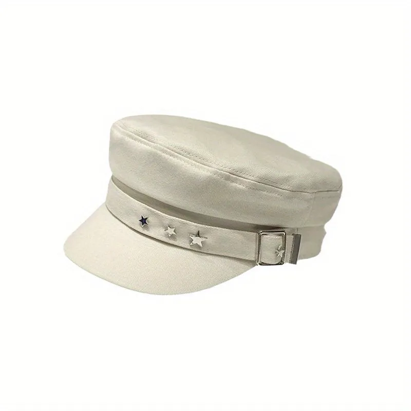 Star Button Newsboy Hat Y2K Retro Military Navy Cap