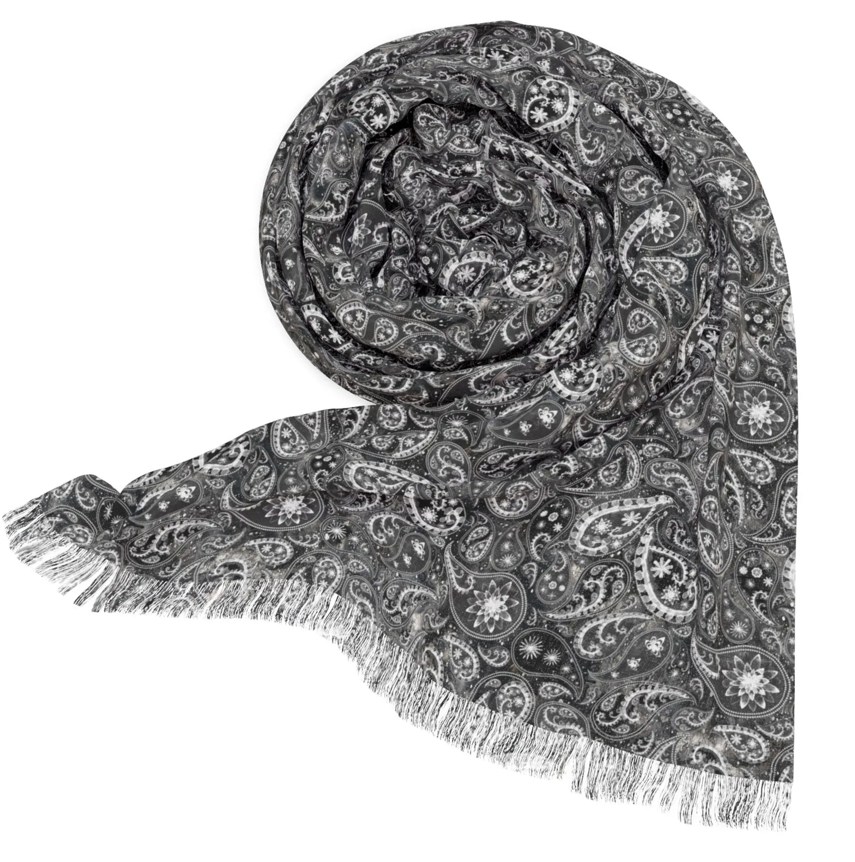 Starry Night - Floral Paisley Art Scarf with Fringe