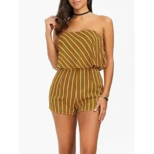 Strapless Overlay Striped Romper - Yellow Xl