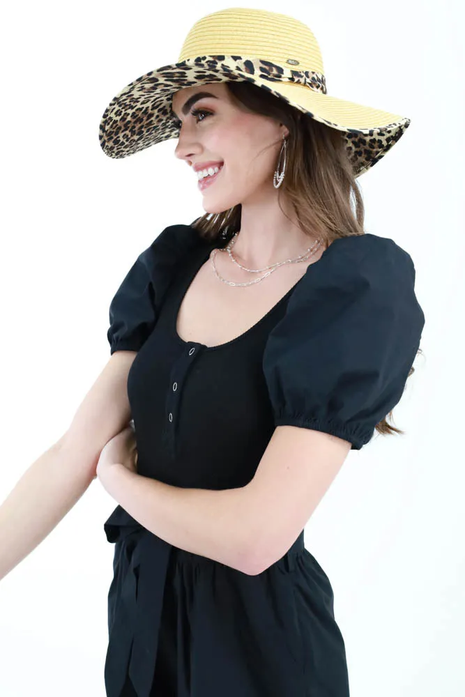 Straw Brim Hat with Leopard Pattern - Light Brown