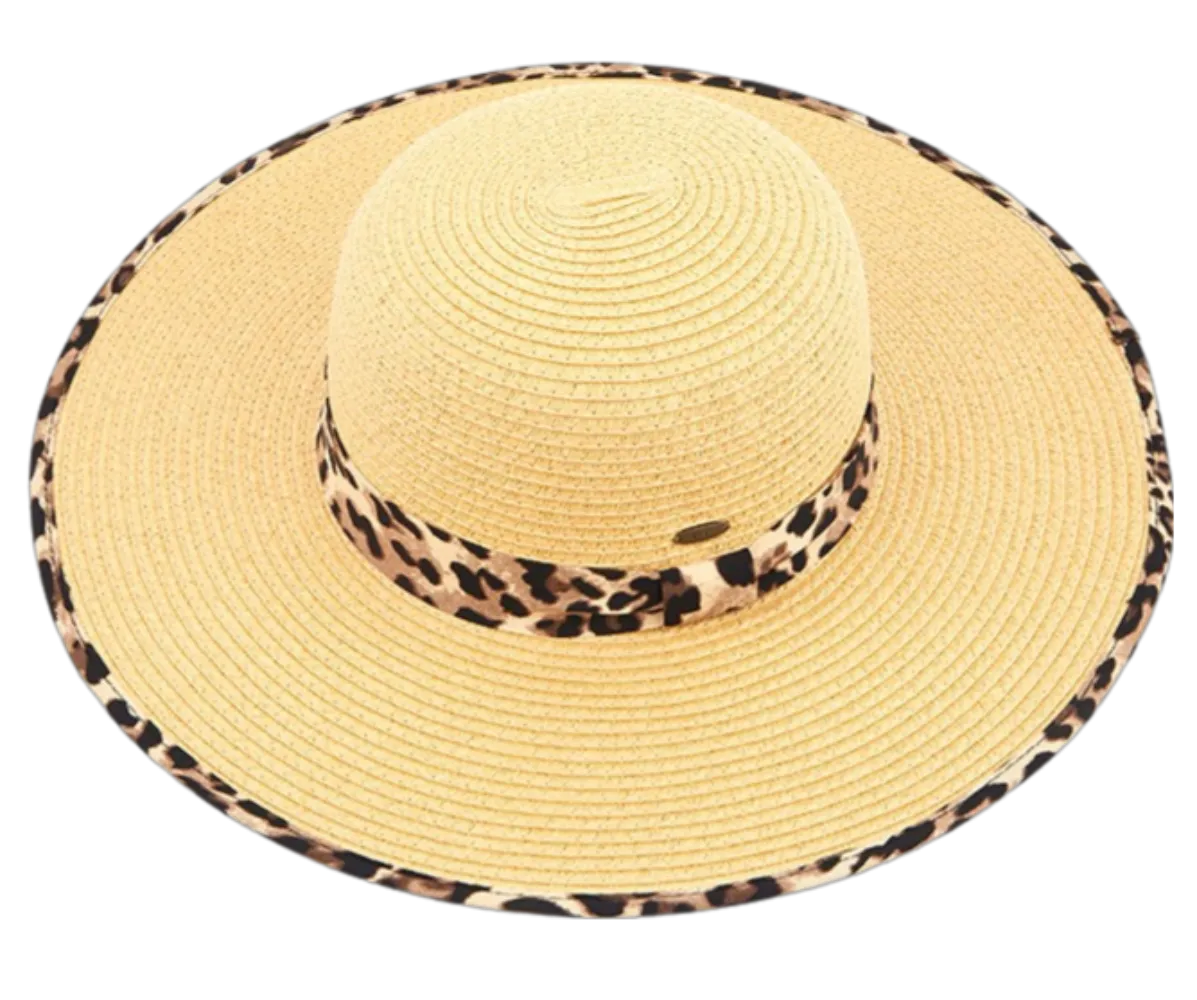 Straw Brim Hat with Leopard Pattern - Light Brown