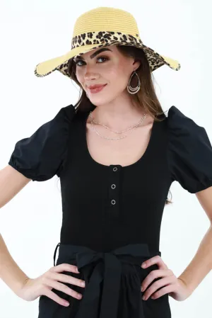Straw Brim Hat with Leopard Pattern - Light Brown