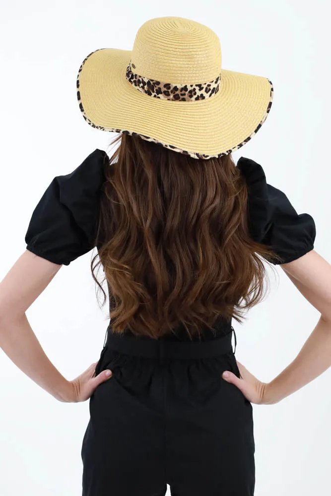 Straw Brim Hat with Leopard Pattern - Light Brown