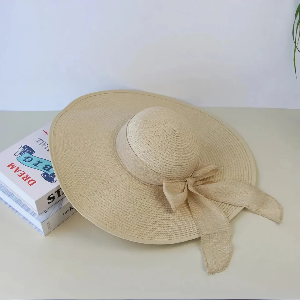 Straw Hat with Wide Brim & Bowknot