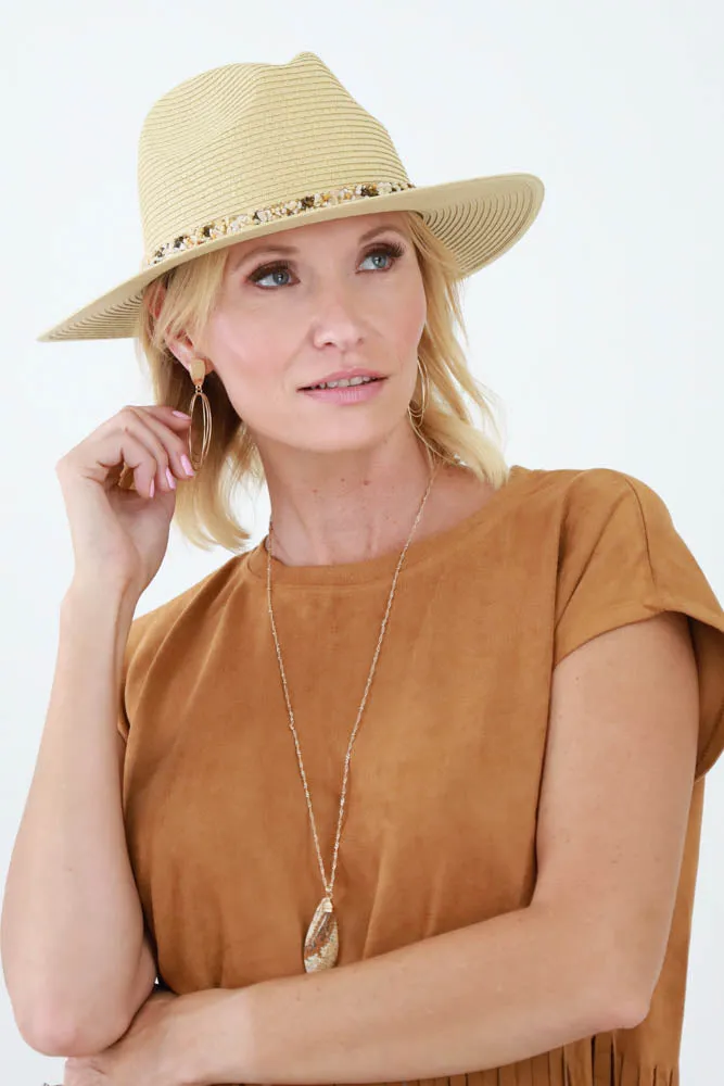 Straw Panama hat with Gem Stone Trim Band - Dark Natural Brown