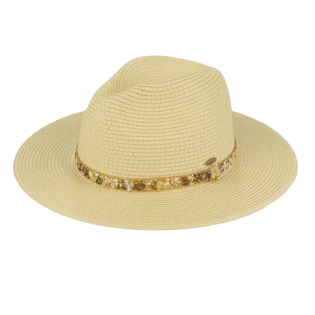 Straw Panama hat with Gem Stone Trim Band - Dark Natural Brown