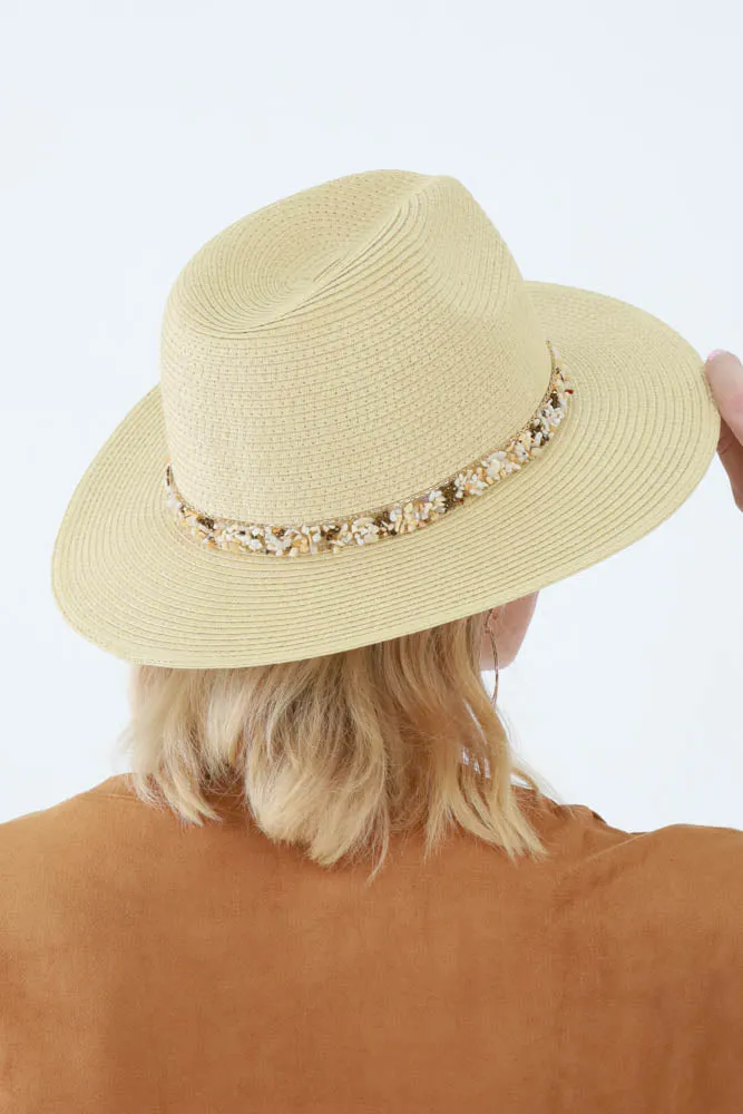 Straw Panama hat with Gem Stone Trim Band - Dark Natural Brown