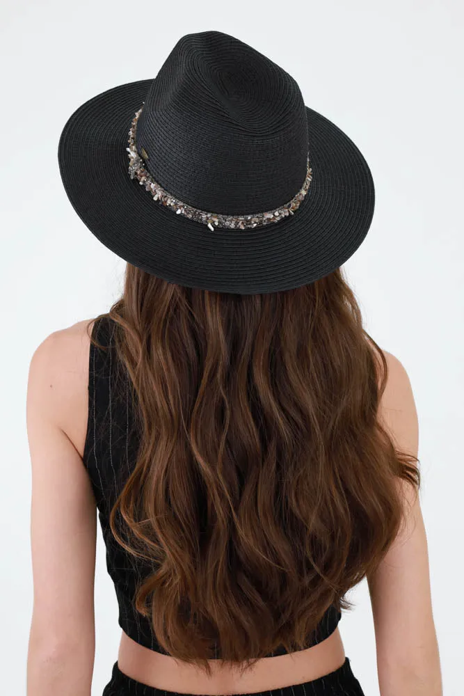 Straw Panama Sunhat with Gem Stone Trim Band - Black