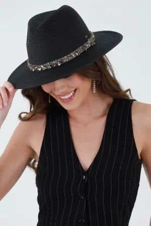 Straw Panama Sunhat with Gem Stone Trim Band - Black