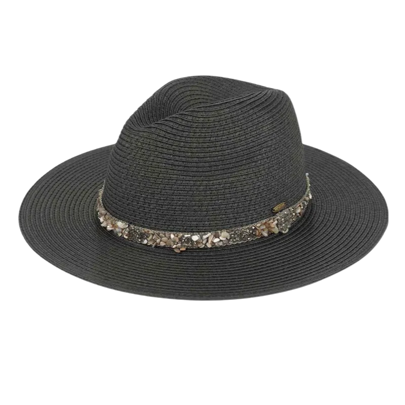 Straw Panama Sunhat with Gem Stone Trim Band - Black