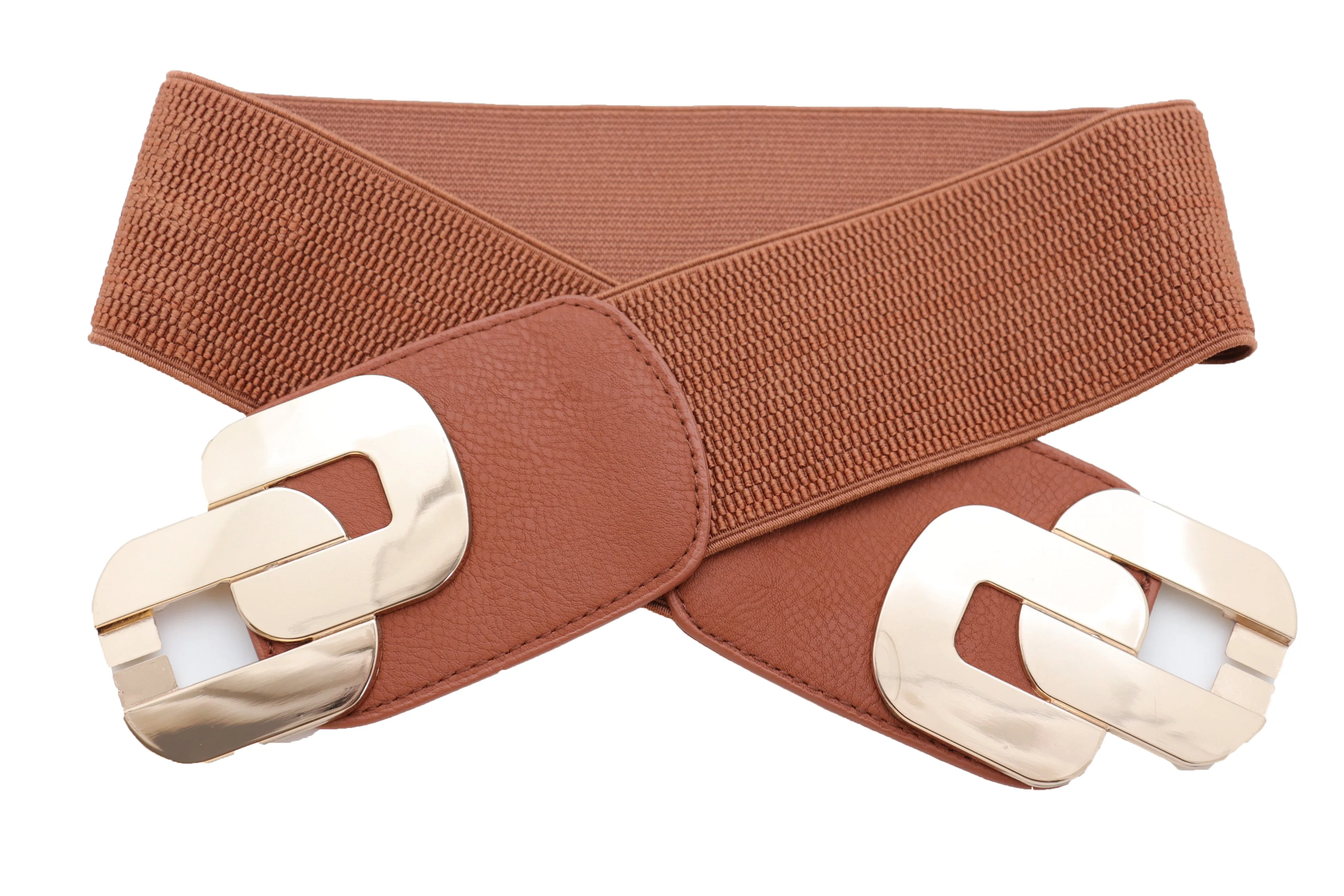 Stretch Brown Waistband Fashion Wide Belt Gold Metal Chain Link Buckle M L