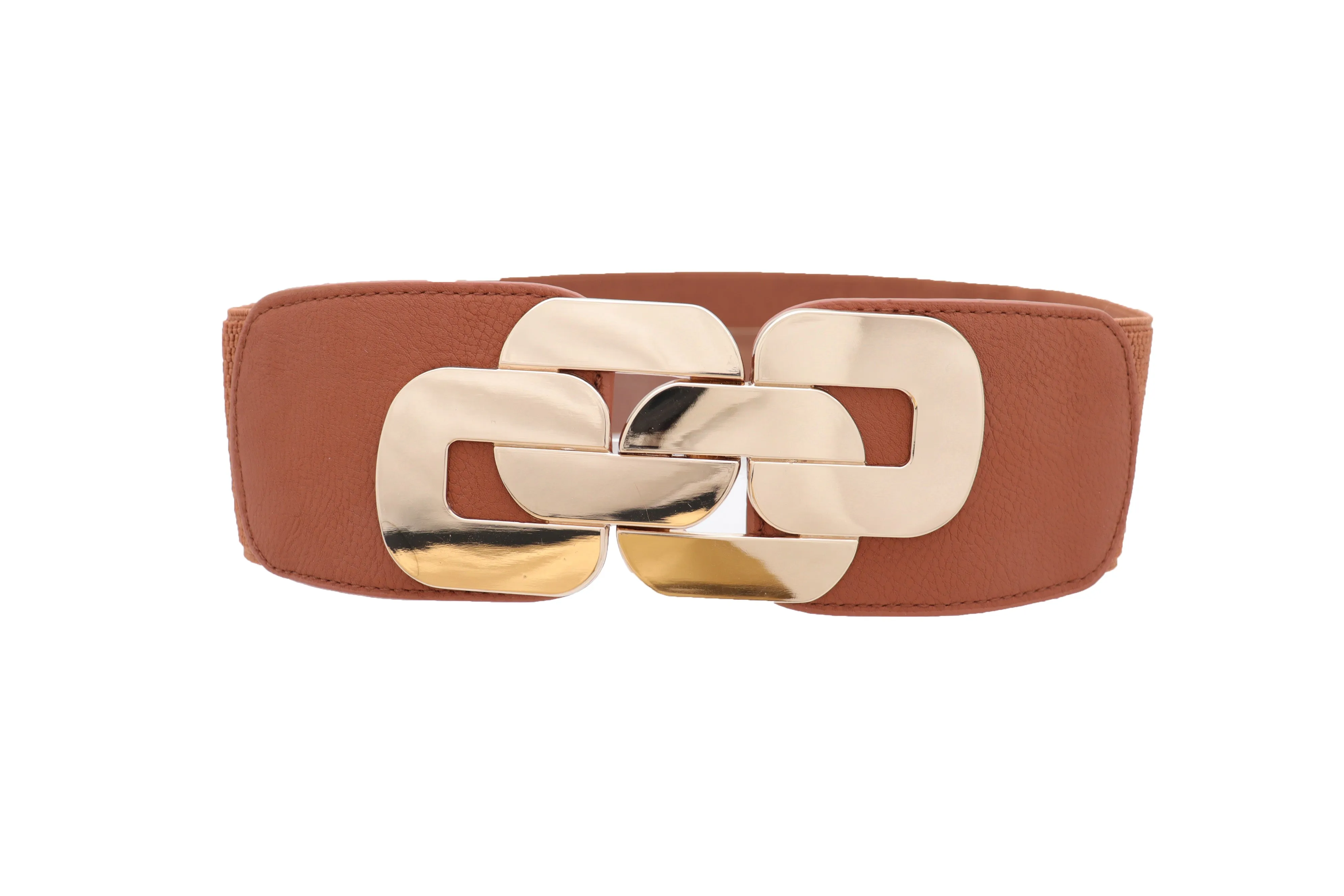 Stretch Brown Waistband Fashion Wide Belt Gold Metal Chain Link Buckle M L