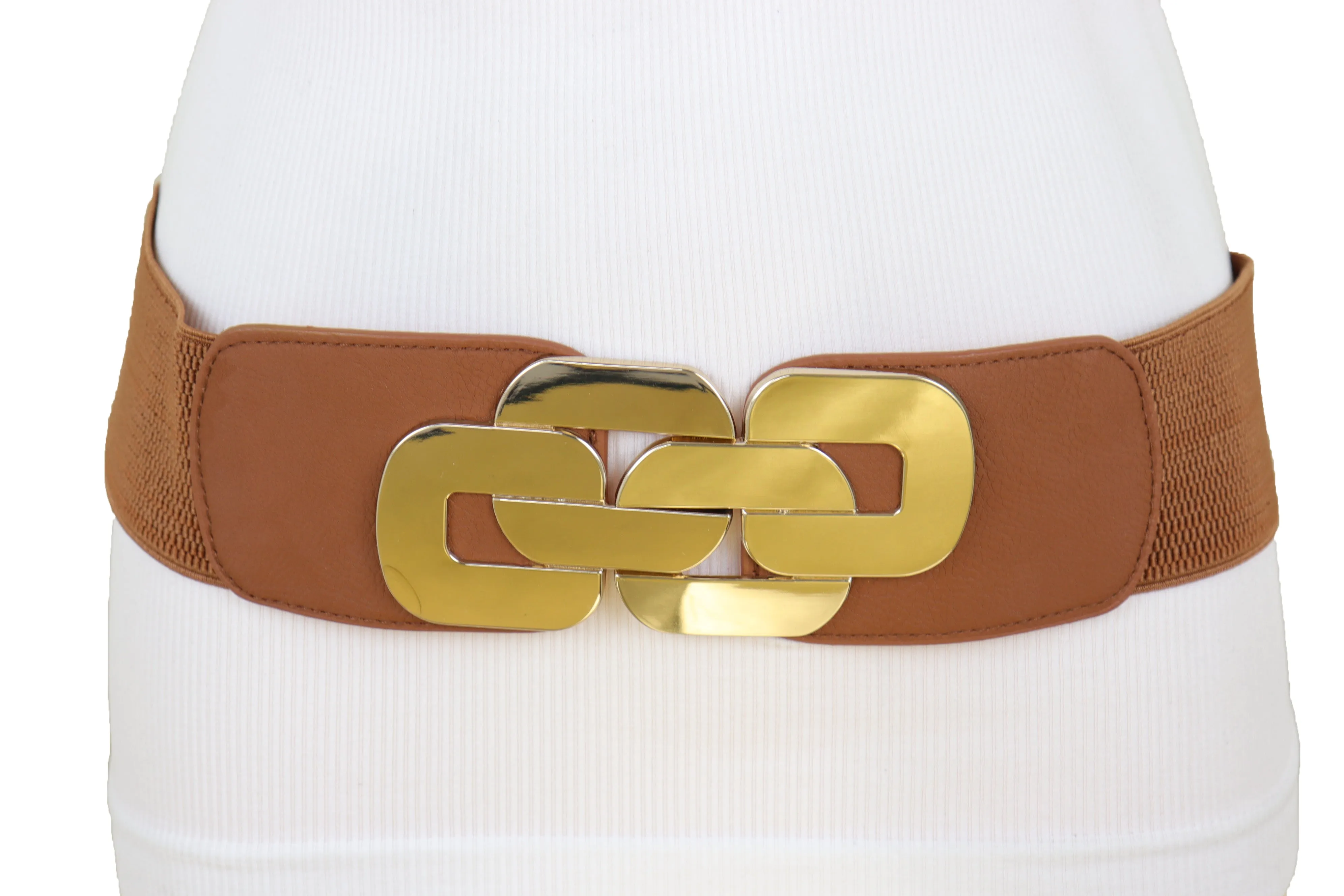 Stretch Brown Waistband Fashion Wide Belt Gold Metal Chain Link Buckle M L