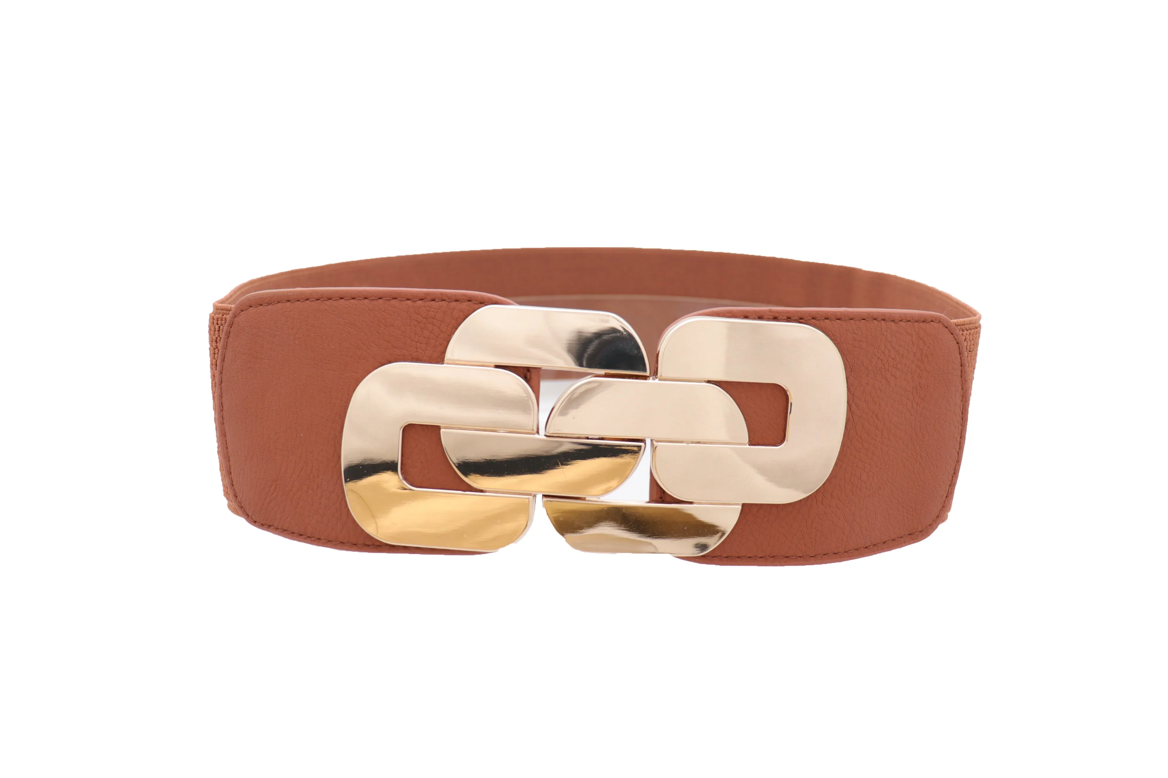 Stretch Brown Waistband Fashion Wide Belt Gold Metal Chain Link Buckle M L