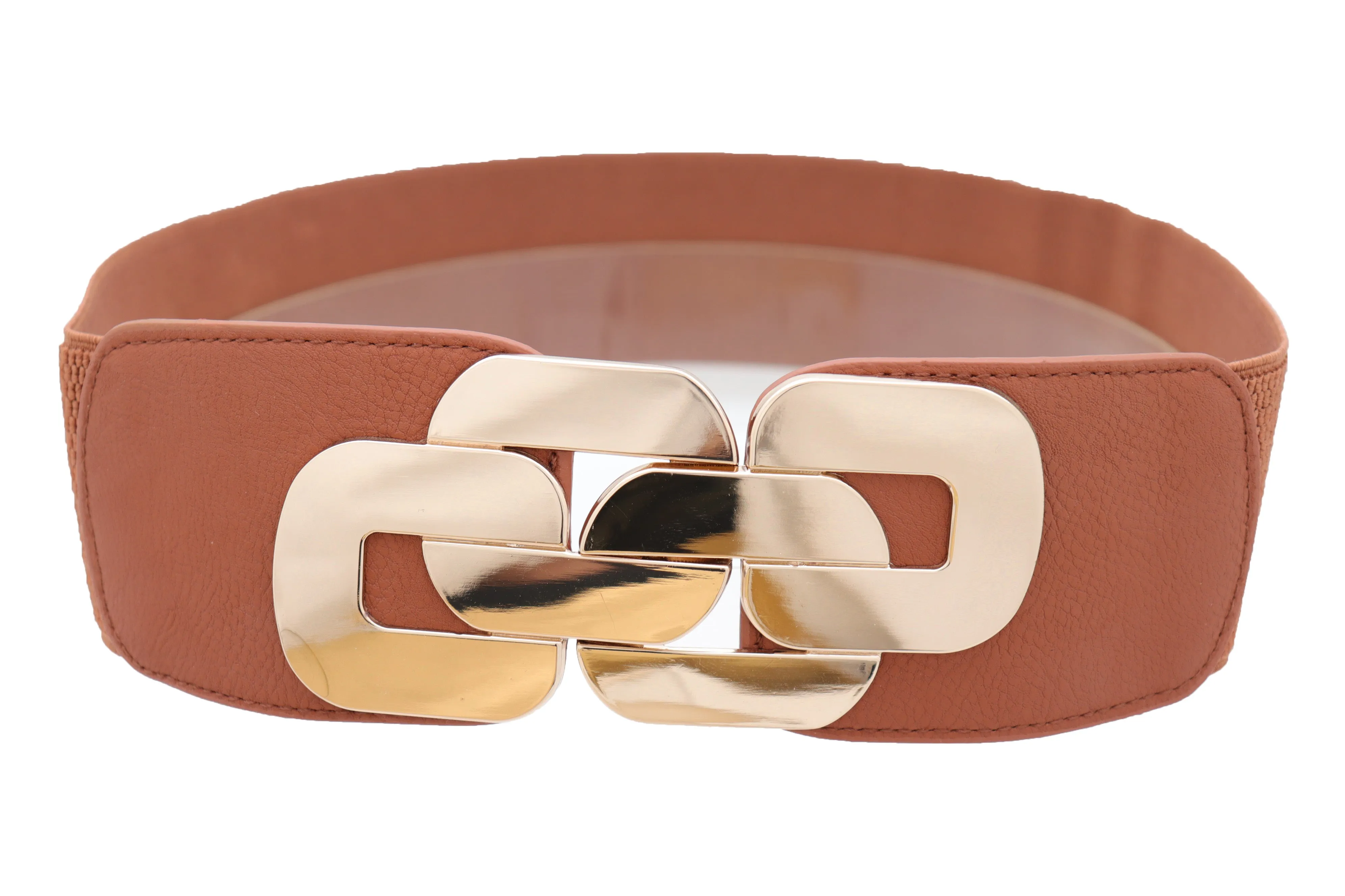 Stretch Brown Waistband Fashion Wide Belt Gold Metal Chain Link Buckle M L