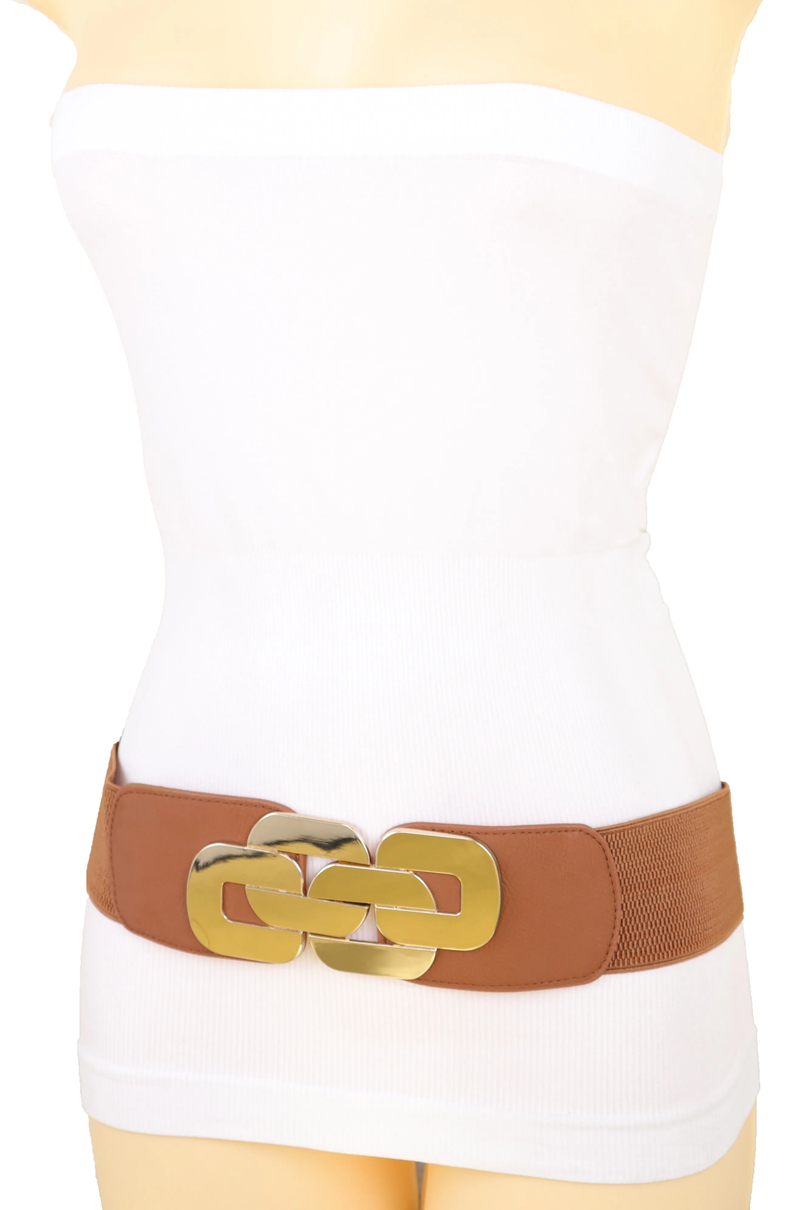 Stretch Brown Waistband Fashion Wide Belt Gold Metal Chain Link Buckle M L