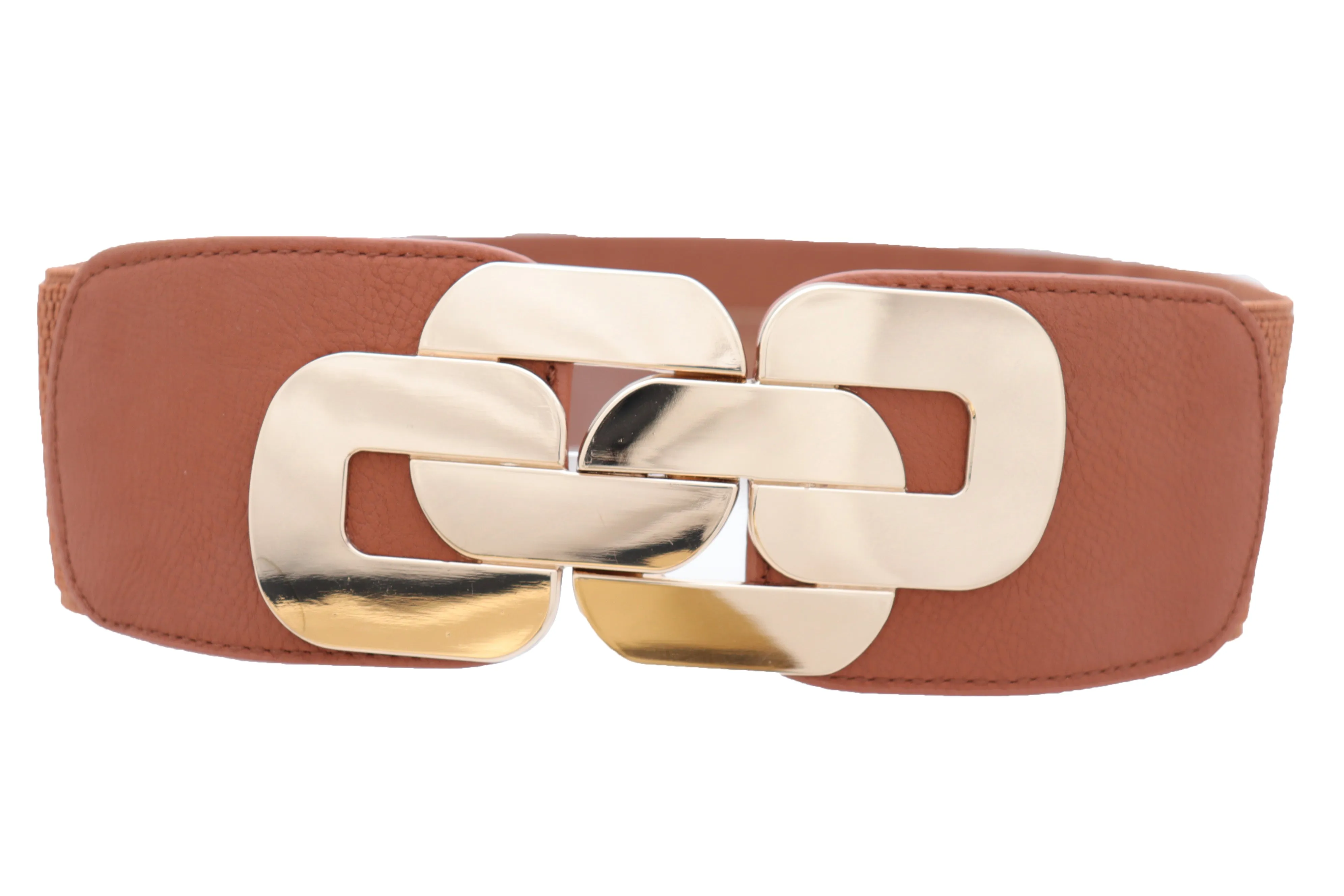 Stretch Brown Waistband Fashion Wide Belt Gold Metal Chain Link Buckle M L